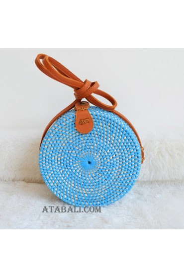 handmade coloring rattan circle sling leather bags blue color